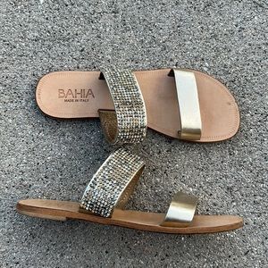 Bahia leather gold rhinestone flat slide sandal